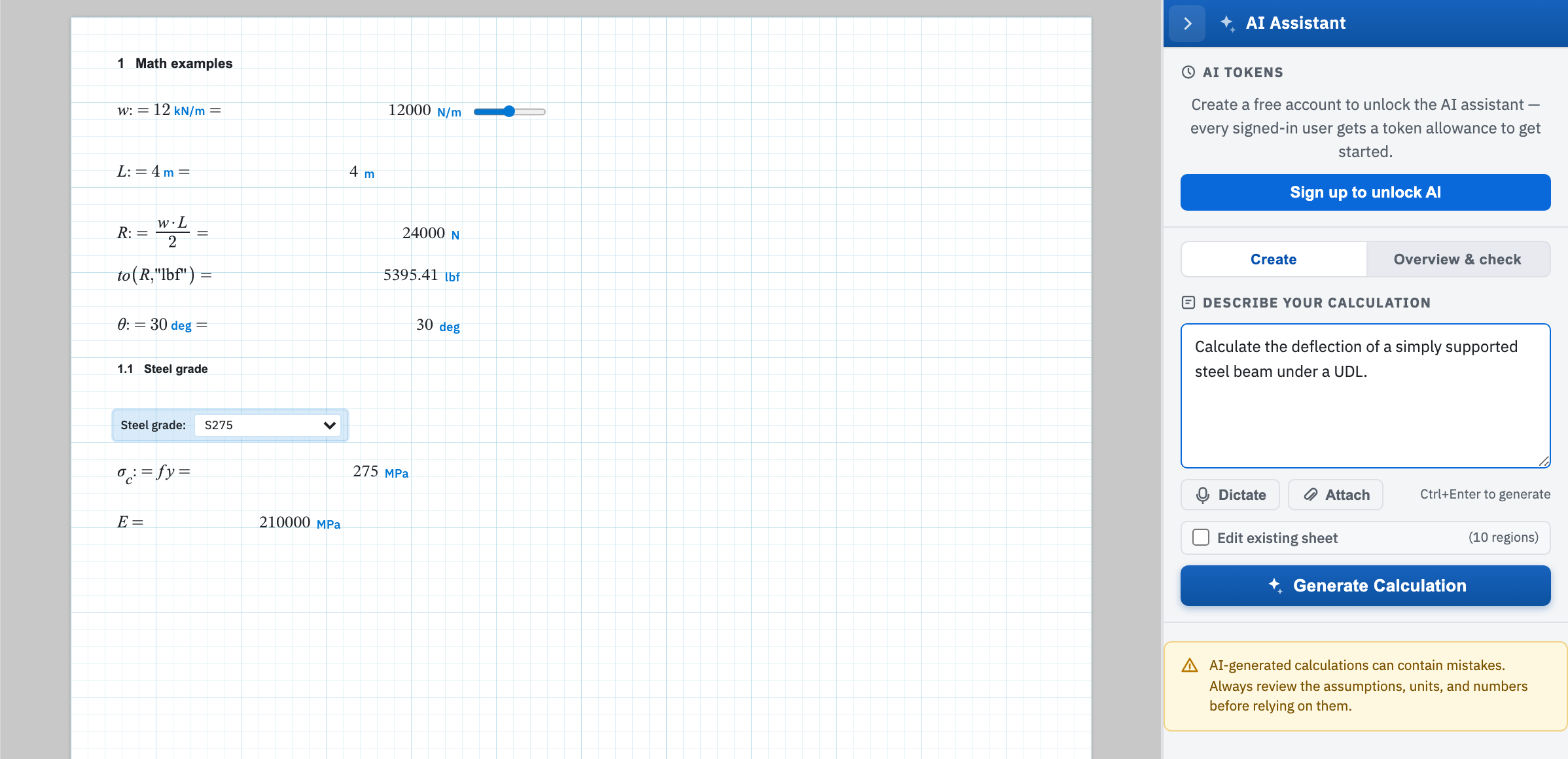 The AI Create tab with a prompt, Dictate, Attach, Edit existing sheet off, and Generate Calculation.