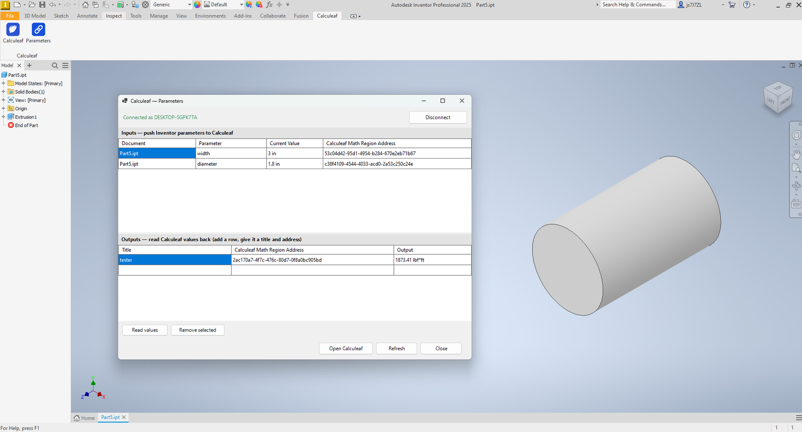 Autodesk Inventor with the Calculeaf Parameters dialog open, showing Inputs that push width and diameter into Calculeaf and an Output that reads a value back.