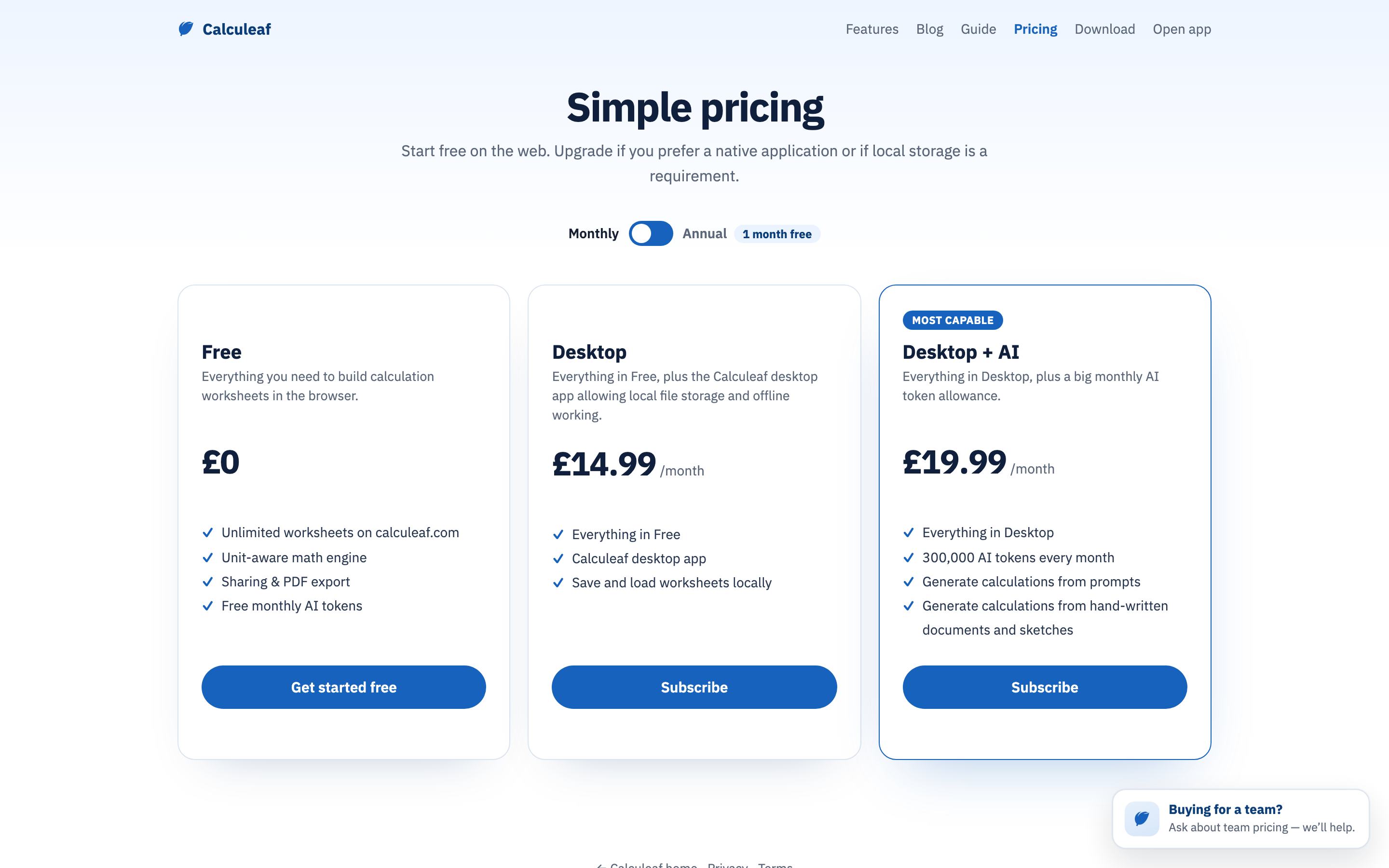 The Calculeaf pricing page with plan options.