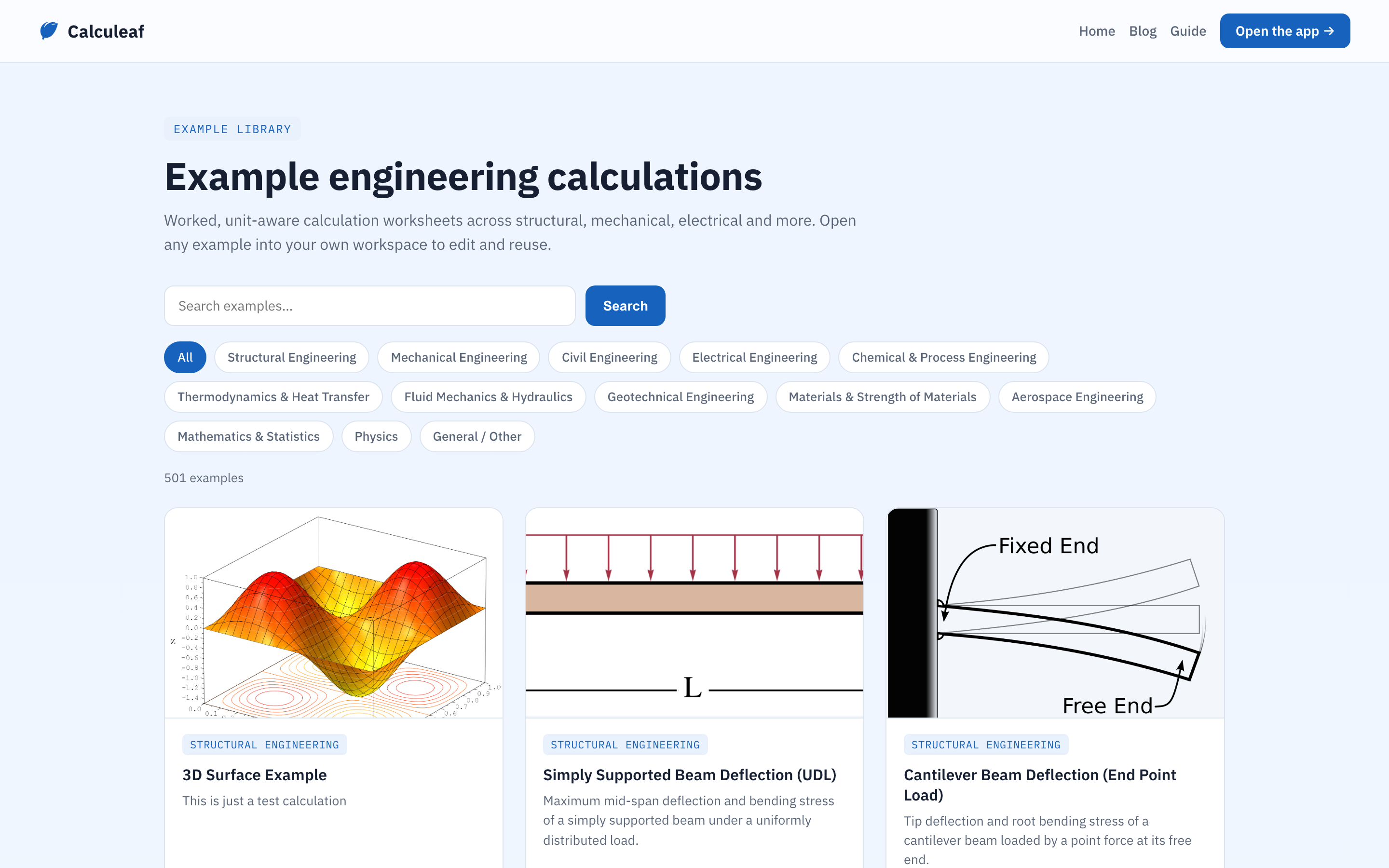 The Calculeaf example calculations gallery with search, category filters, and cards for published worksheets.