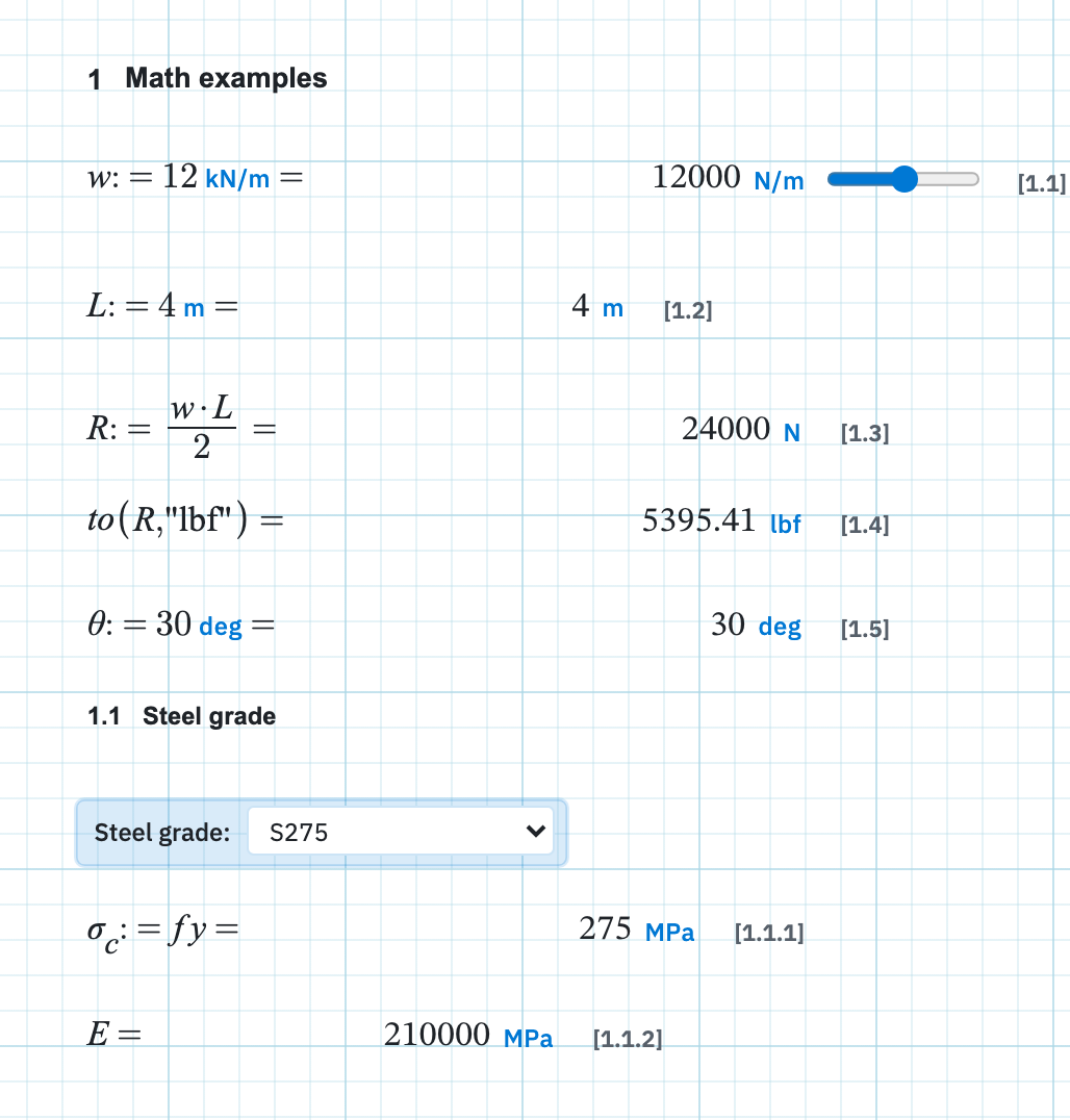 A worksheet with section headers and calculation numbers such as [1.1] and [1.2] after each math result.