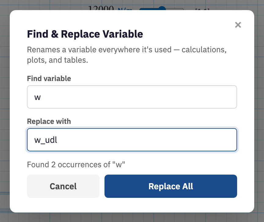 The Find and Replace Variable dialog with Find variable, Replace with, a match count, and Replace All.