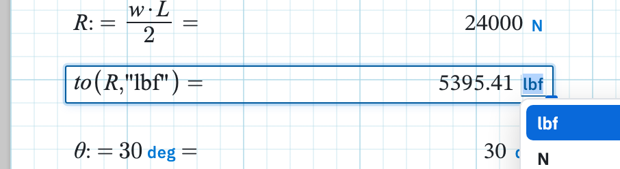 A result chip with the unit picker open, listing compatible units for a force.