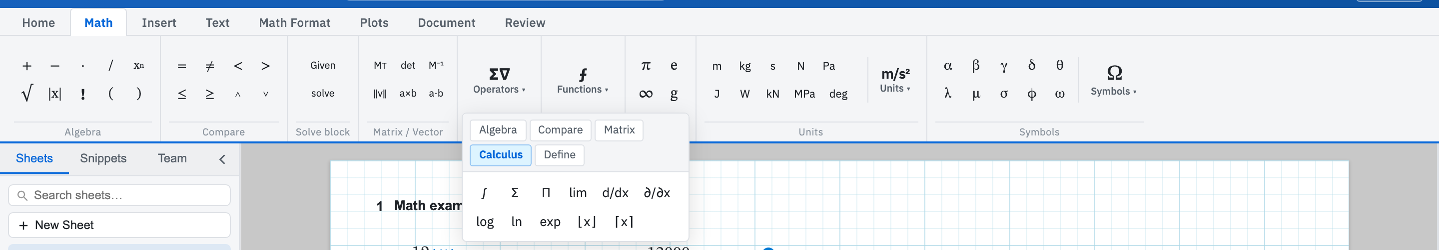 The Math Operators dropdown open on the Calculus category.