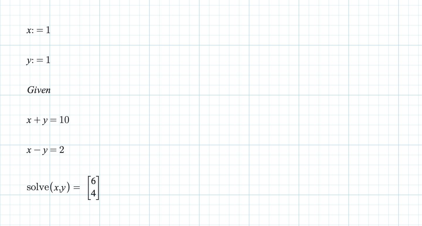 A Given block with two constraint regions and a solve(x, y) result.