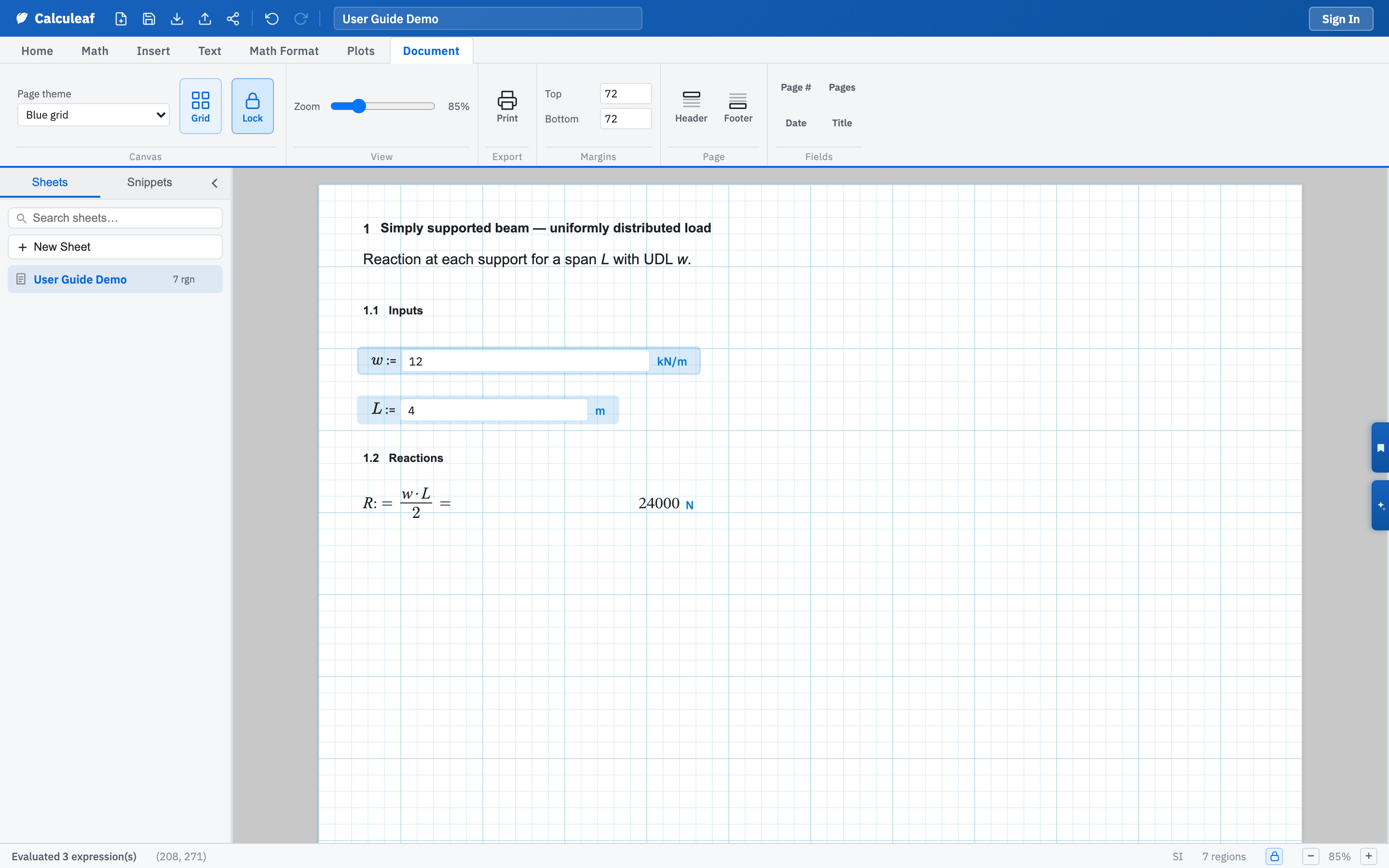 The Document tab with Lock pressed, and a worksheet whose span and load assignments are input boxes.