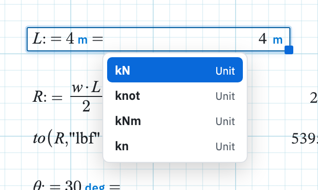 Autocomplete suggestions open under a math field while typing a unit.