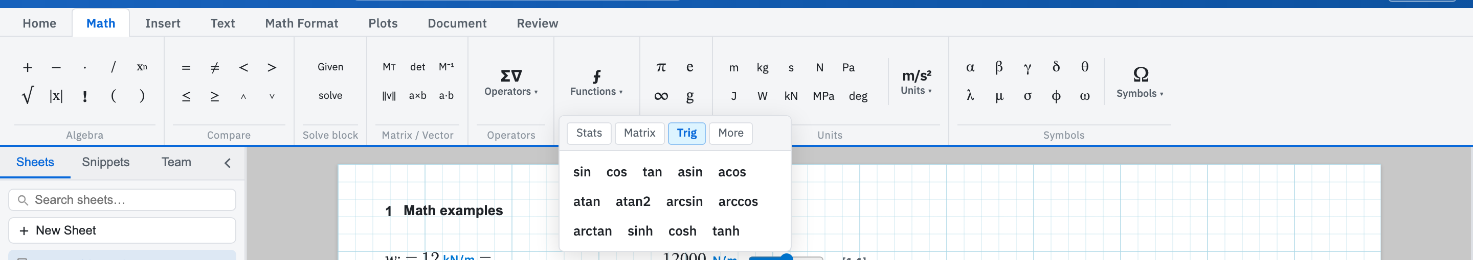 The Functions dropdown on the Math tab.