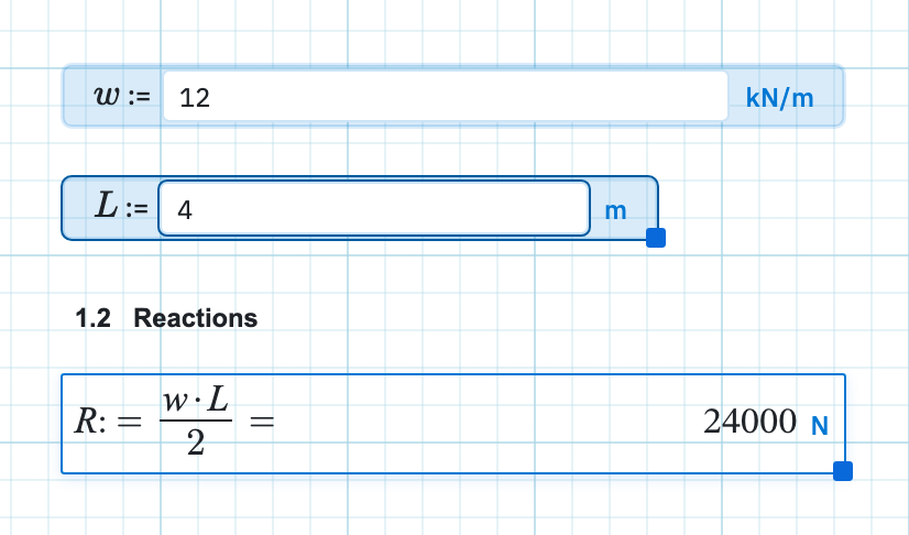 Two math assignments converted to input boxes for w and L, with the reaction formula below them still written as math.