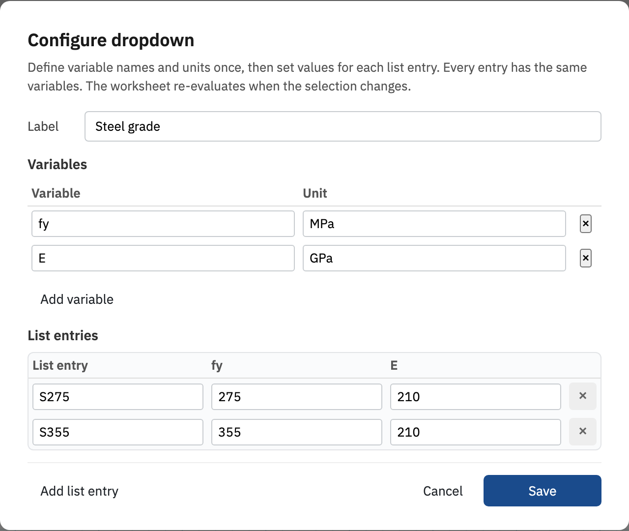 The Configure dropdown dialog with shared variables fy and E and list entries S275 and S355.