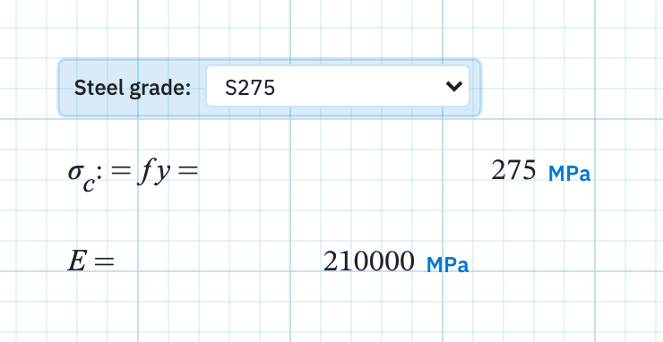 A Steel grade dropdown on the worksheet with fy and E used in math below it.