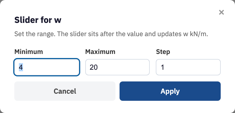 The Slider for w dialog with Minimum, Maximum, and Step fields.