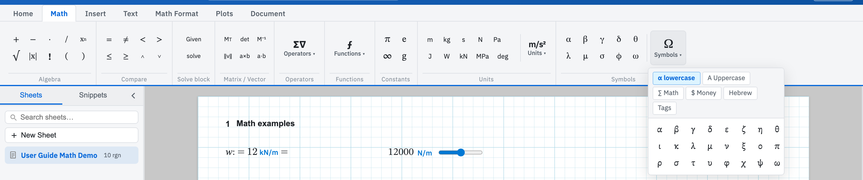 The Math ribbon Symbols group with Greek letters and the Symbols dropdown open.