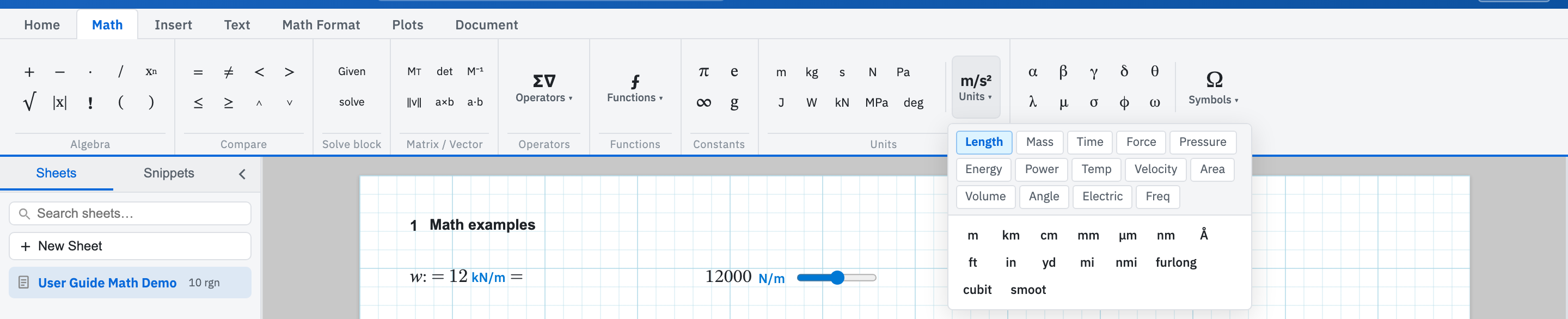The Math ribbon Units dropdown open on Length.