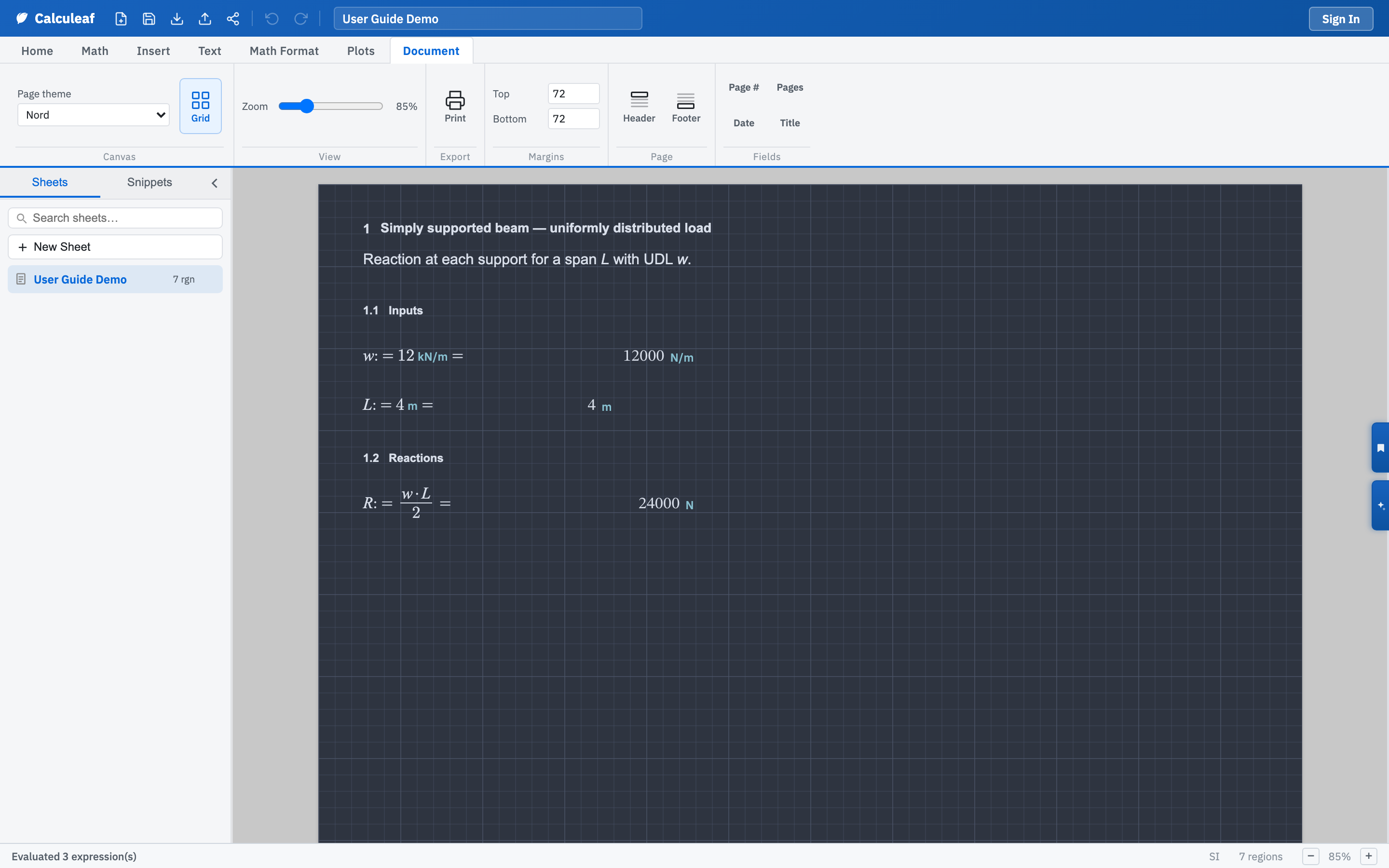 The same User Guide Demo worksheet using a dark paper theme, with the Document tab Page theme menu visible.