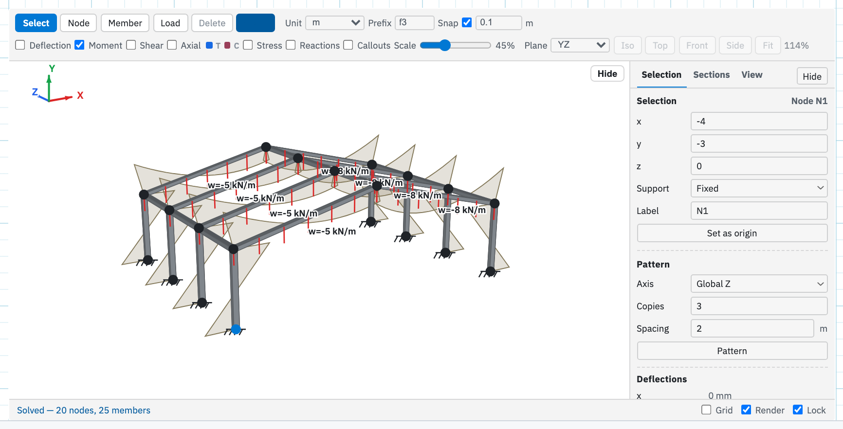The Details Selection panel for a 3D frame node, with x, y, z, Support set to Fixed, and Set as origin.