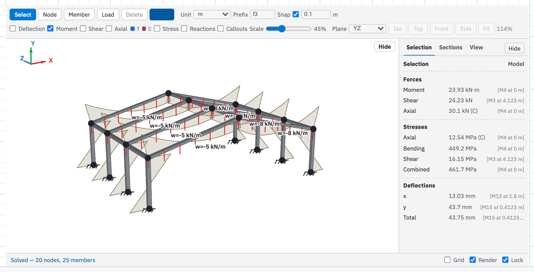 A 3D frame region showing a rendered space frame with a moment diagram, perspective camera, and the Details panel.