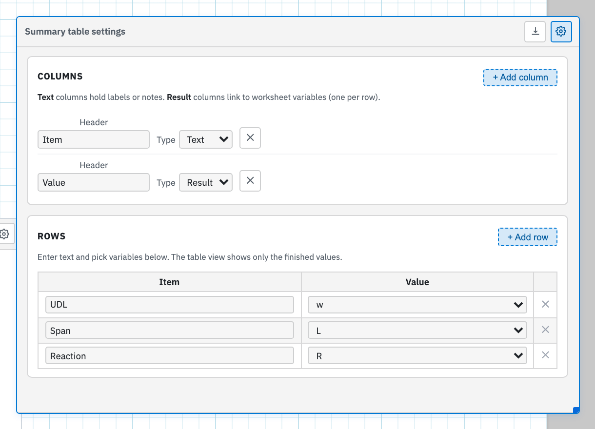 Summary table settings with Text and Result columns and a rows grid for labels and variable pickers.