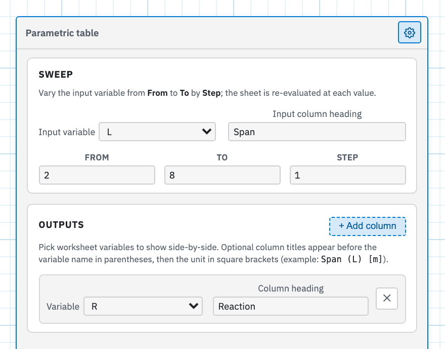 Sweep Configure panel with Input variable, column heading, From / To / Step, and output columns.