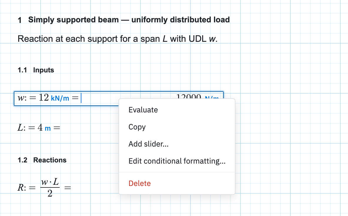 The region context menu open on a math assignment, showing Evaluate, Copy, Add slider, conditional formatting, and Delete.