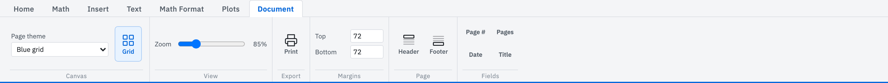 The Document ribbon with Page theme, Grid, Zoom, Print, header and footer controls, and insertable page fields.