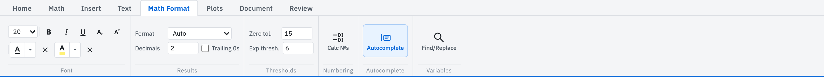 The Math Format ribbon with Font, Results, Thresholds, Numbering, Autocomplete, and Variables groups.