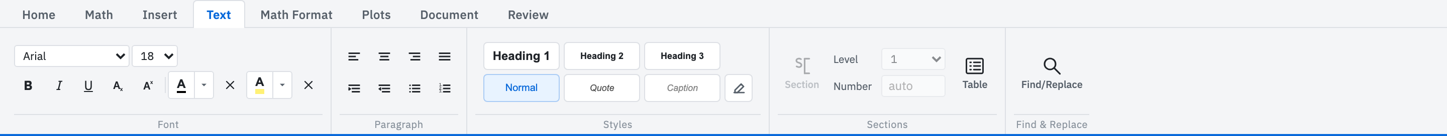 The Text ribbon with Font, Paragraph, Styles, Sections, and Find and Replace groups.