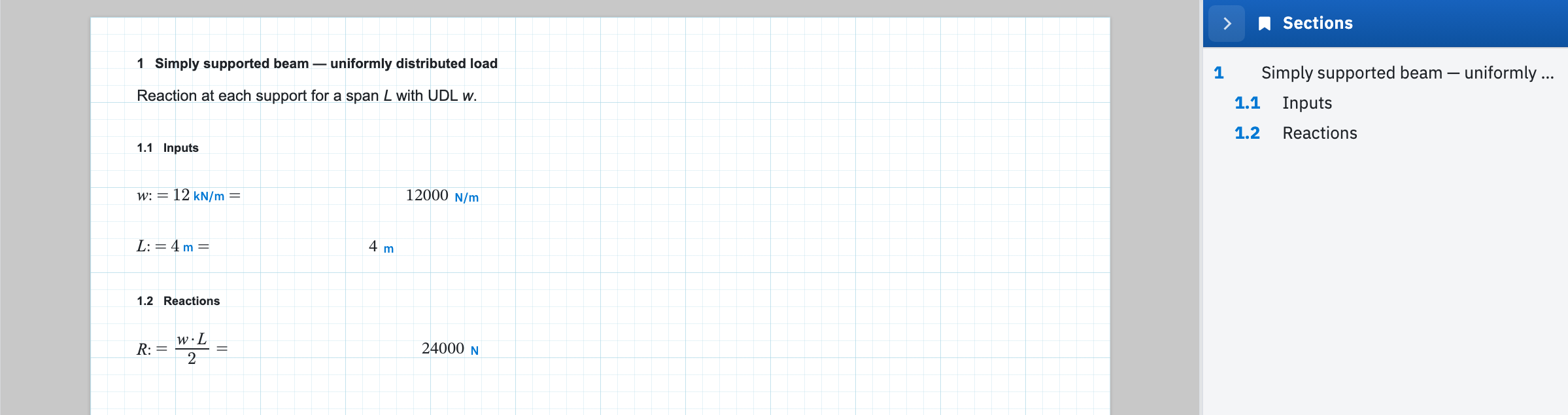 A worksheet with numbered section headers and the Sections sidebar listing them.