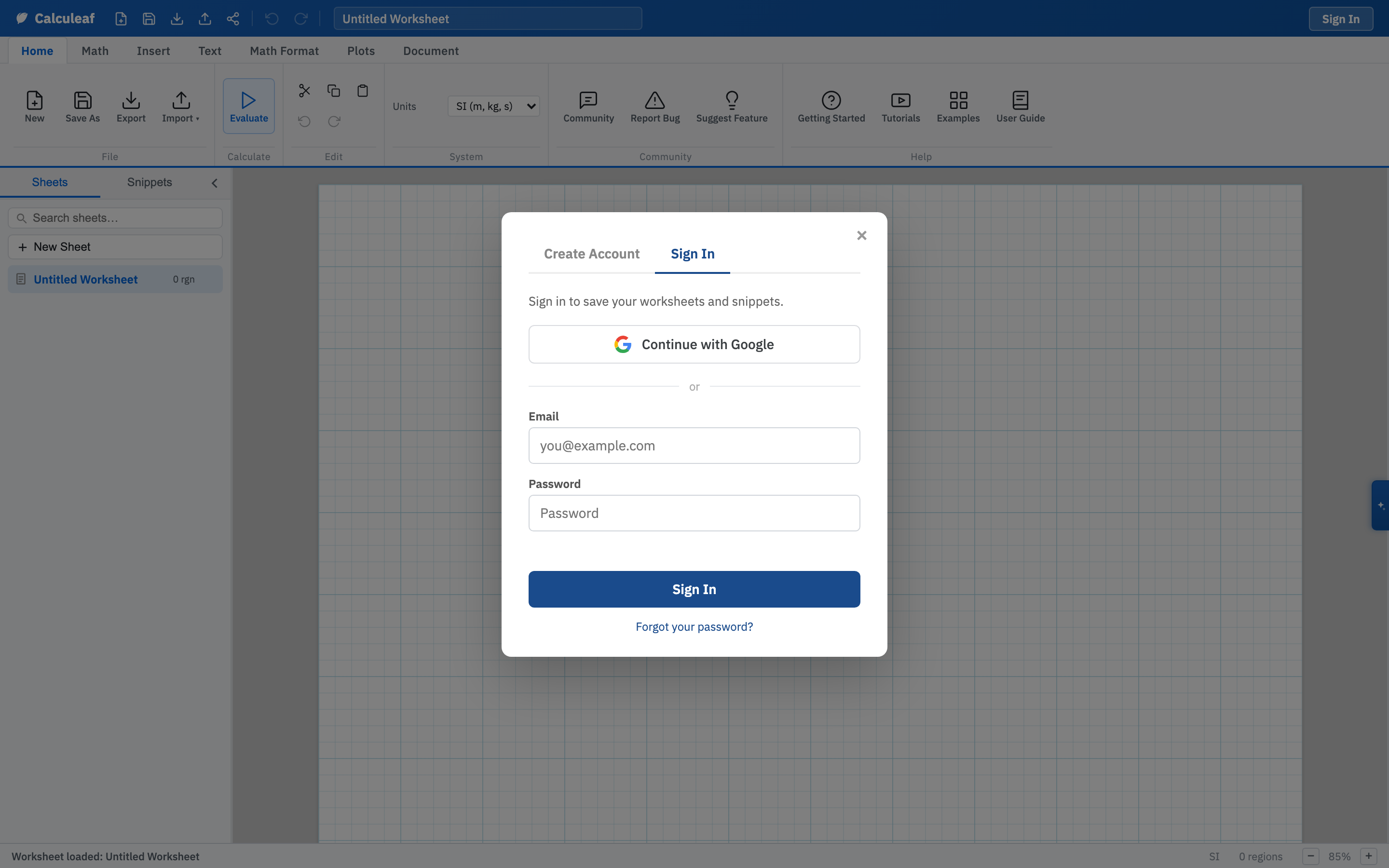 Calculeaf sign-in dialog with email and password fields, a Google sign-in button, and a link to create an account.