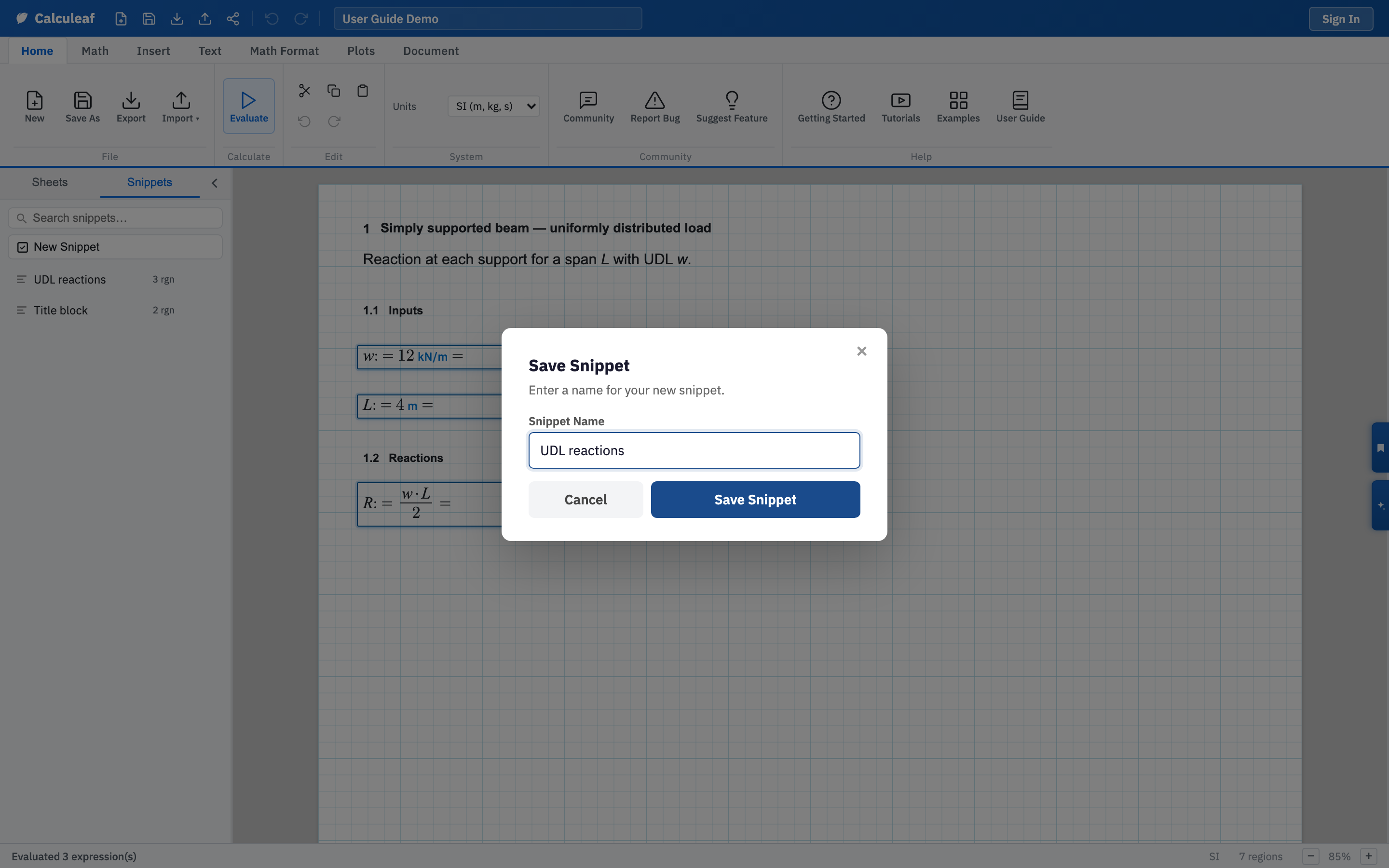 Save Snippet dialog over a worksheet with three math regions selected.