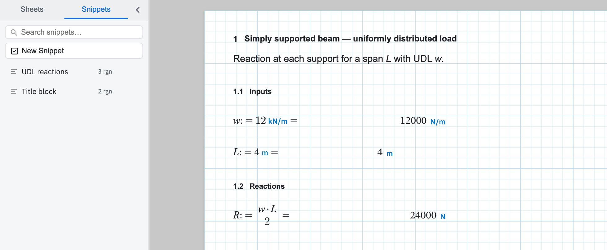 The Snippets sidebar listing UDL reactions and Title block next to the demo calculation.