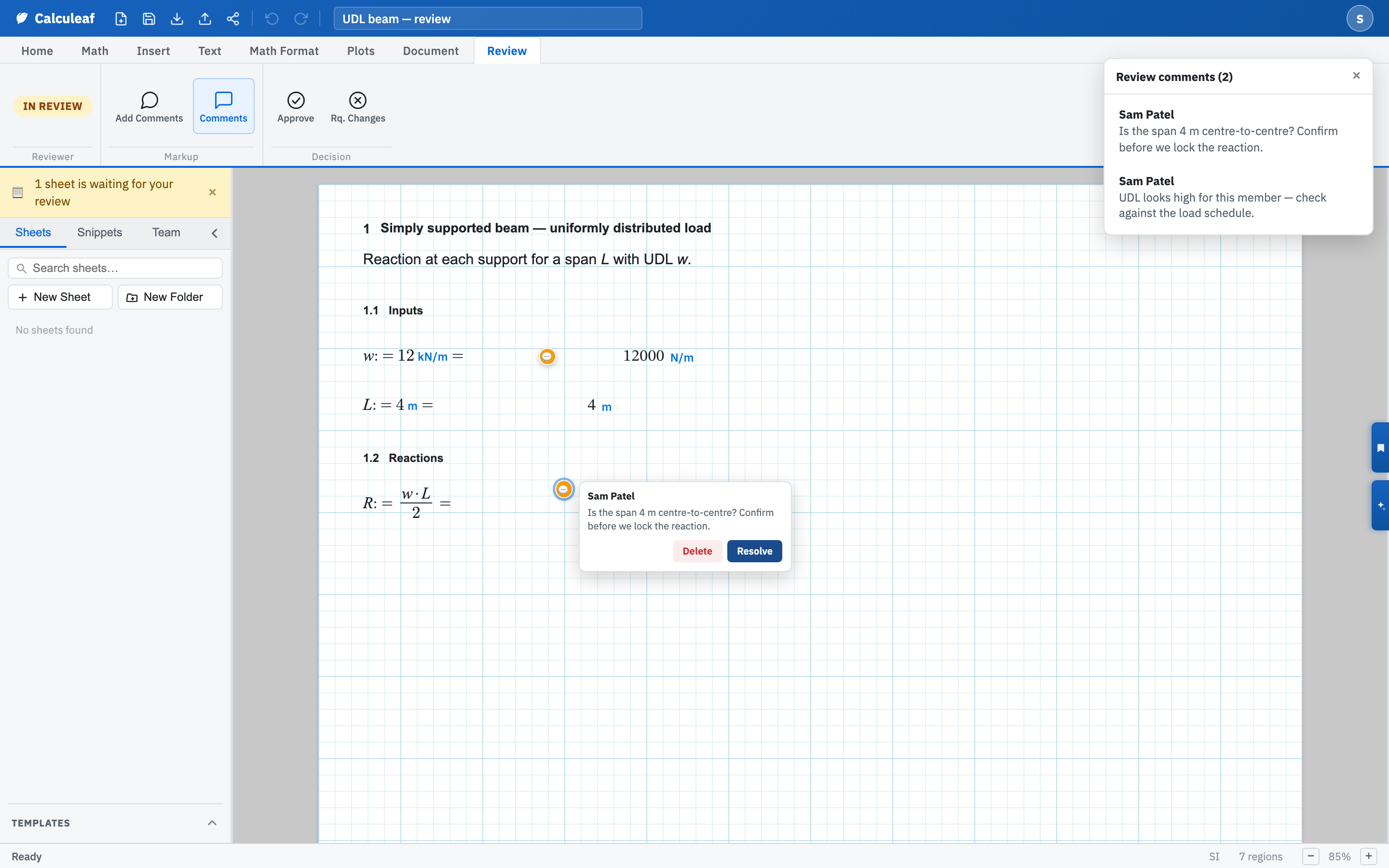 A review comment pin on the worksheet, an open note, and the Review comments bar listing two notes.