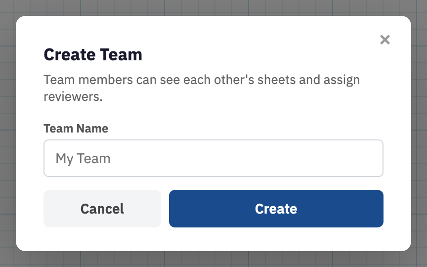 The Create Team dialog with a Team Name field and a Create button.