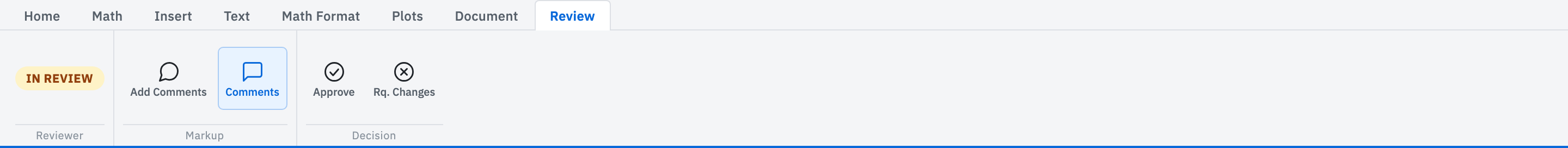 The Review ribbon with Assign reviewer hidden, Add Comments, Comments, Approve, Request Changes, and an In review badge.