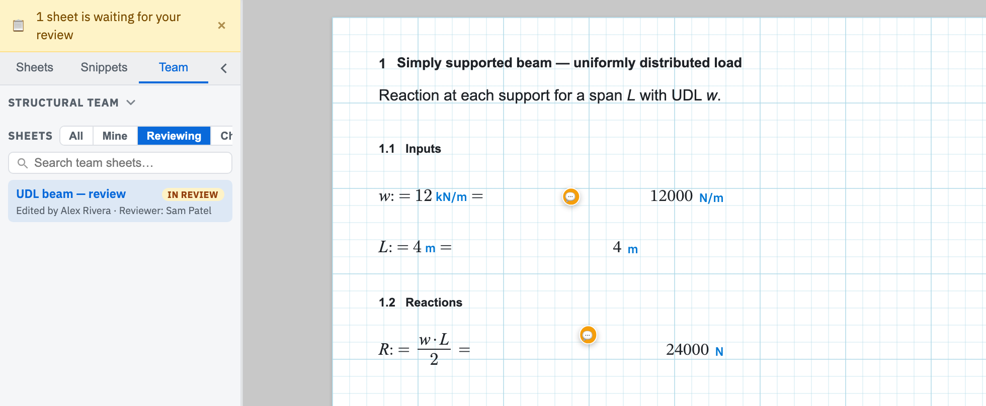 The Team sidebar showing Structural team, Reviewing filter, and a sheet waiting for review.