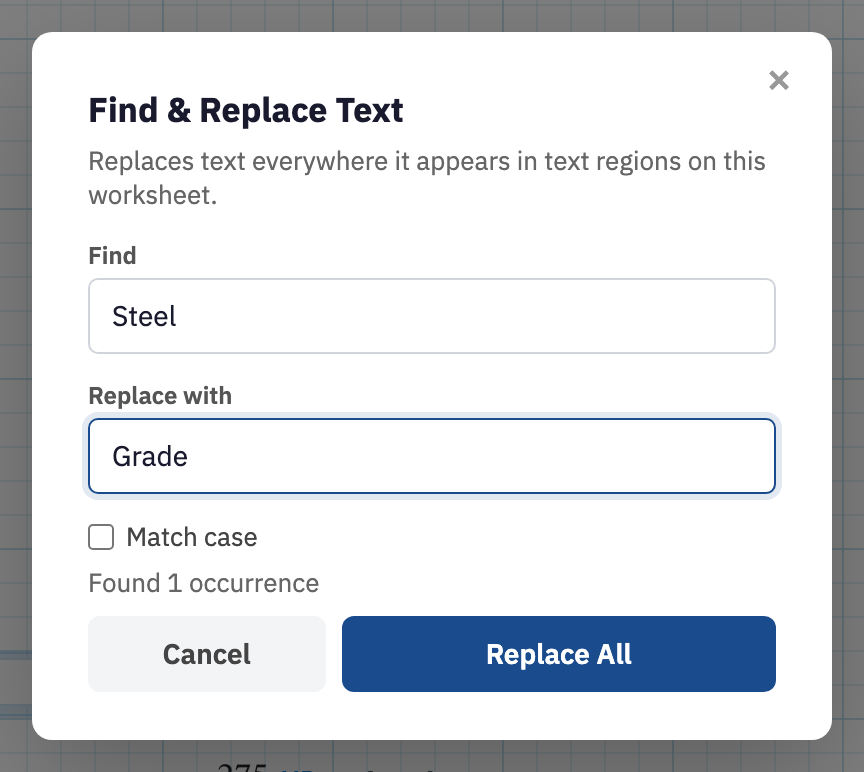 The Find and Replace Text dialog with Find, Replace with, Match case, and Replace All.