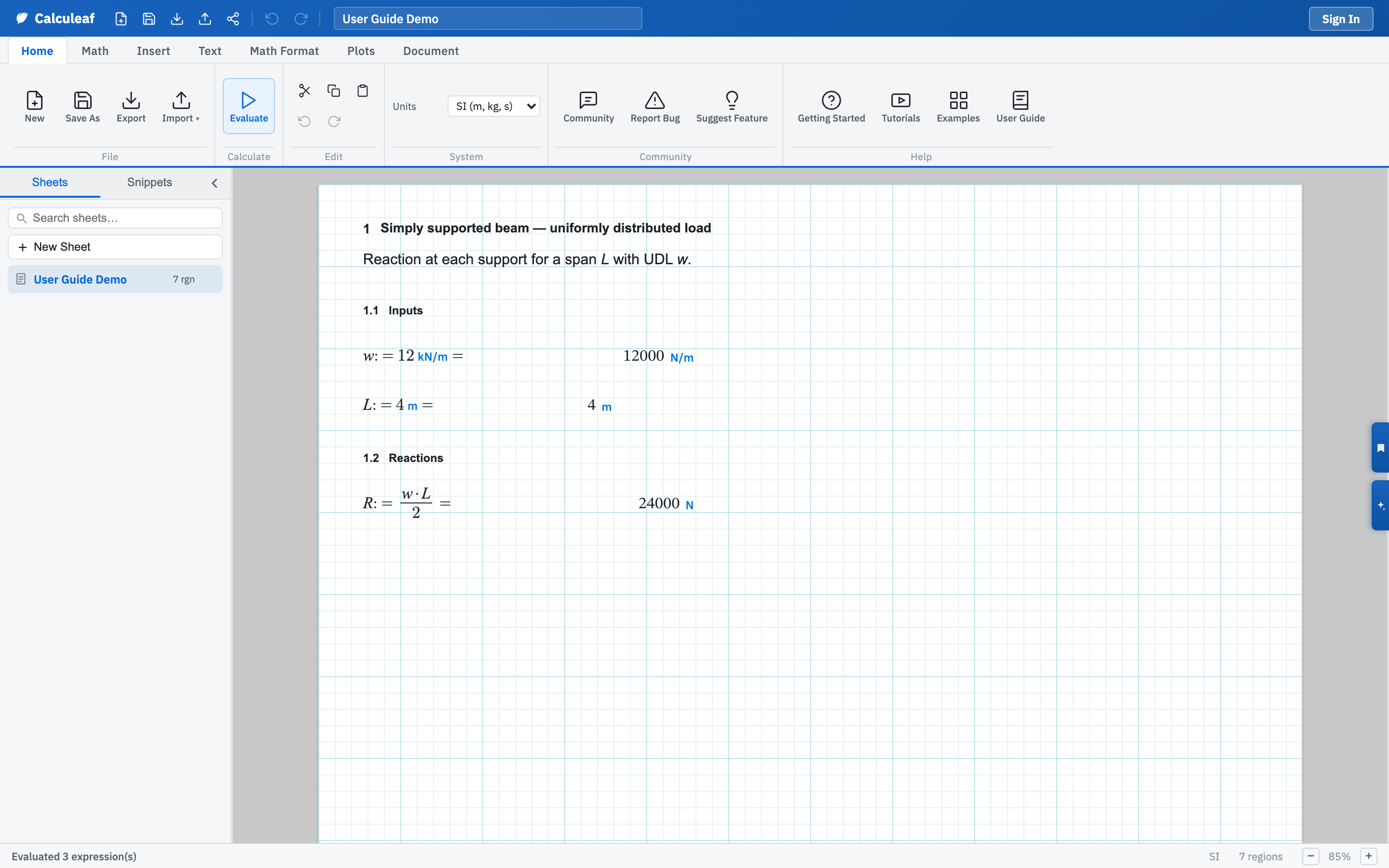 The Calculeaf worksheet editor with the Home ribbon, Sheets sidebar, and a calculation on the canvas.