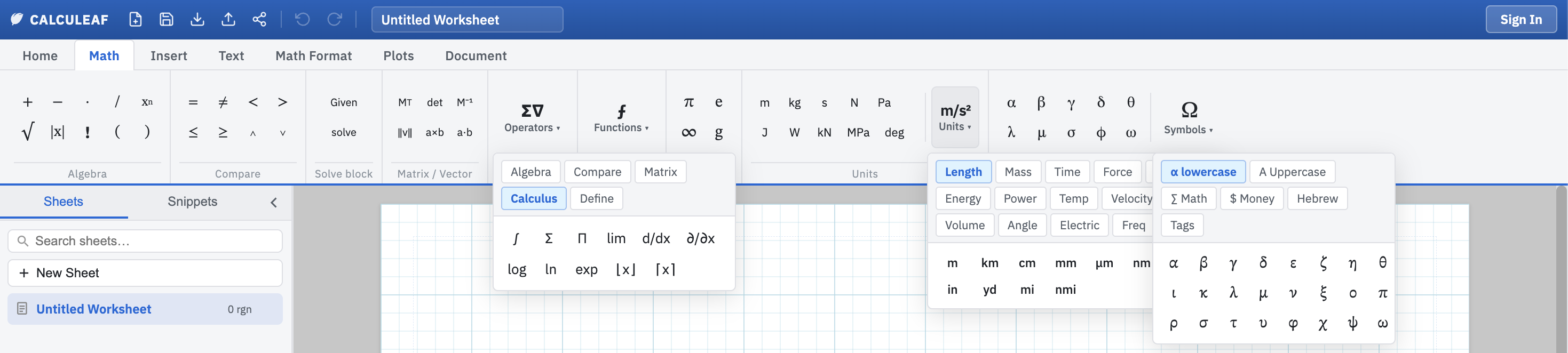 Calculeaf math ribbon showing the Operators, Functions, Units, and Symbols menus open with calculus operators, length units, and lowercase Greek letters for building engineering calculations